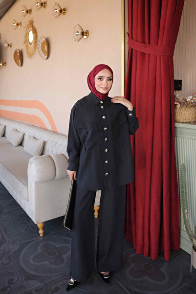 İmajButik Black Pocketed Tunic Pants Tencel Set