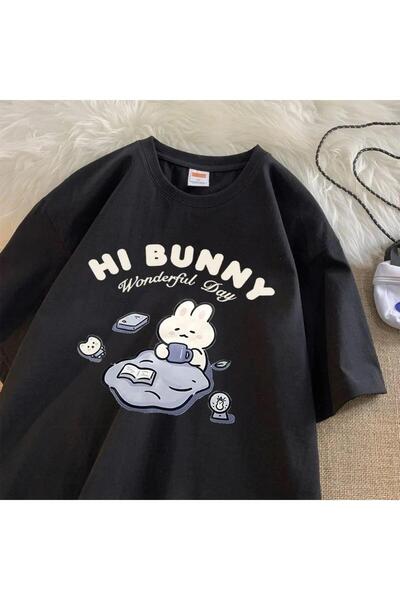 DEEFWEAR Mi̇ngalondon Hi Bunny Printed Black Unisex Oversize T-Shirt