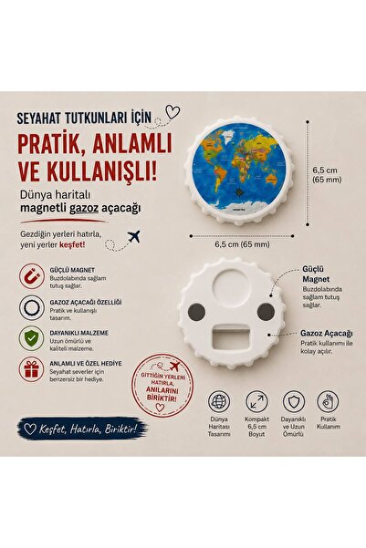 DZ DÜNYA HARİTALI MAGNETLİ GAZOZ AÇACAĞI kapağı 6*5 cm buzdolabı magnetli şiş...