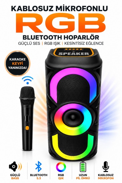 Weskam Bluetooth Hoparlör Mikrofon Hediyeli RGB Led Işıklı Karaoke Taşınabili...