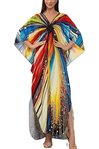 YouKD Women's Pirnt Floral Long Kaftan Maxi Dress Pluse Size Bikini Beach Cov...