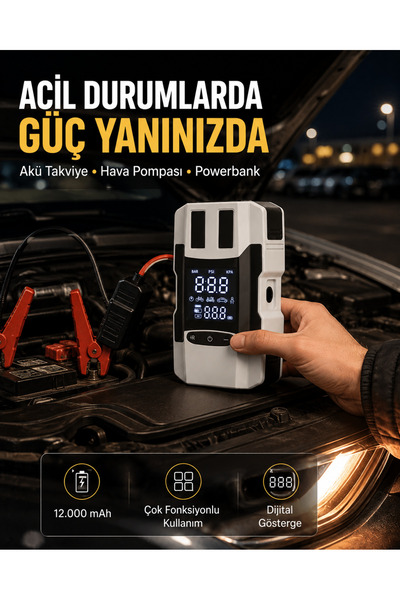 Lutesya Dijital Ekranlı Araç Pompası Akü Takviye Powerbank 12.000 mAh Yeni Nesil
