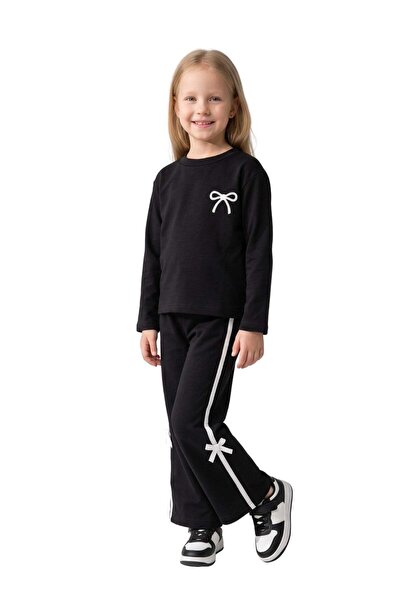 NEWKİDS Girls' Set Children's Long Sleeve Set with Bow and Black Detail
