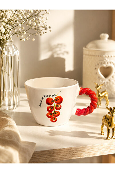 Atak Hediyelik Decorative Tomato Patterned Ceramic Mug – Red Handle with Knit...