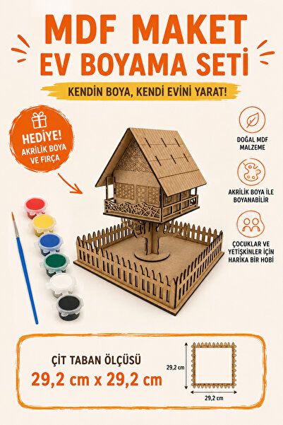 kutuTR MDF Ağaç Ev Maket Boyama Seti | Akrilik Boya ve Fırça Hediyeli | Kendin Boya Hobi Seti Ağaç Ev