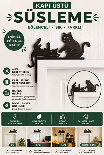 ROKH Kapı Üstü Kedi Süsleme Dekoratif Ahşap Görünümlü Kedi Figürü Duvar Dekor...