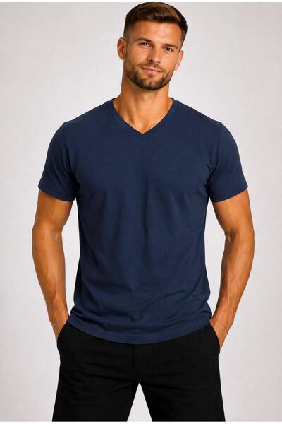 AXXEL Men's Dark Indigo Cotton V-Neck Short Sleeve T-Shirt-D804