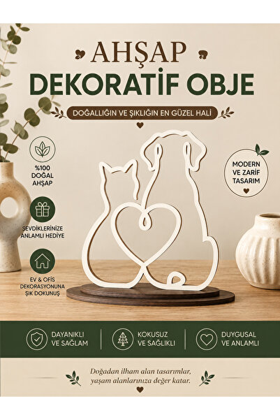 ROKH Ahşap Kedi ve Köpek Figürü Dekoratif Obje | Kalp Temalı Doğal Ahşap Masa...
