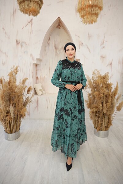 Bwest Patterned Chiffon Dress - Green