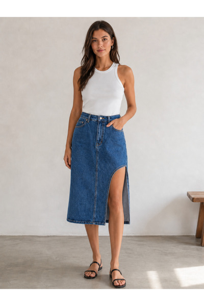 Butik Yırtmaçlı denim etek