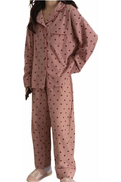 GENERAL codcm Womens Cotton Flannel Pajama Set Cute Heart Pjs Long Sleeve But...