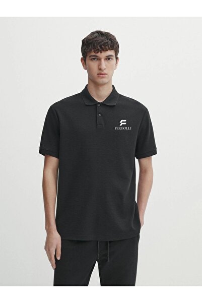 Generic Brand Men's Pique Polo Collar T-Shirt with Buttons and Print - White
