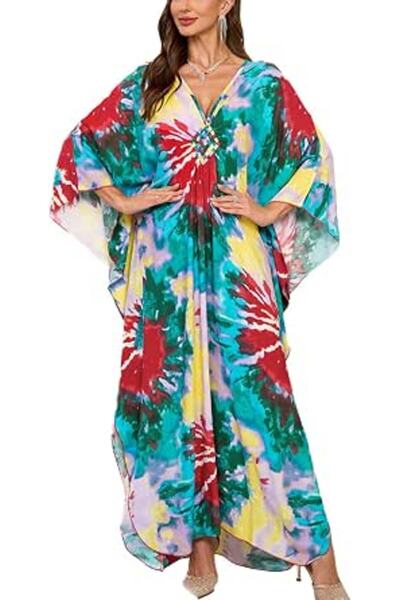 YouKD Summer Long Kaftan Dress Bohemian Roomy Beach Robe Cover Up Plus Size D...