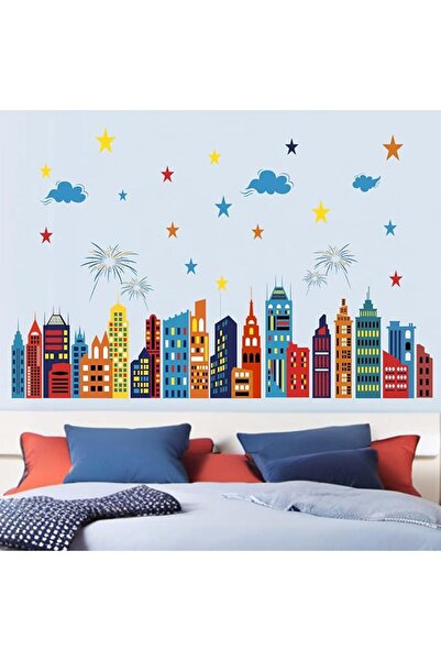 Amimagen City Wall Stickers for Boys Room: Peel and Stick Colorful Hero Skyli...