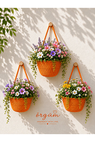 ÖRGÜM Basket 3-Piece Mini Basket Organizer (Plants and Wooden Hangers Are Not...
