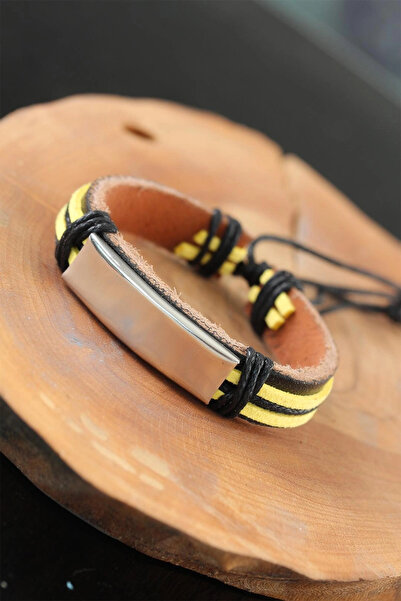 SORA GROUP Yellow Black Color Leather Men's Bracelet with Metal Accessories