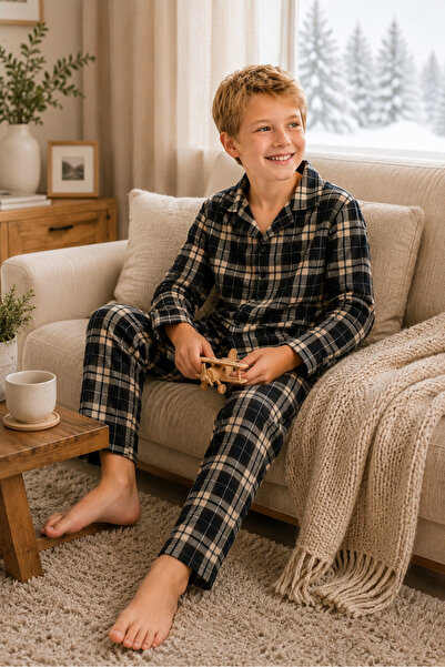 Free Beka Plaid Pattern Long Sleeve Shirt Collar Buttoned Boys' Pajama Set