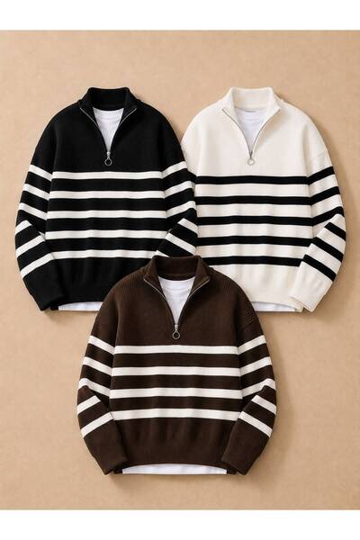 pepule Men's 3-Piece Set Half-Zipper Striped Knitwear Sweater Oversize Model