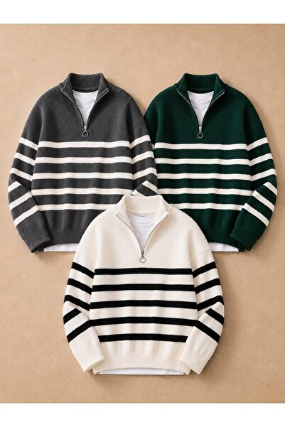 pepule Men's 3-Piece Set Half-Zipper Striped Knitwear Sweater Oversize Model
