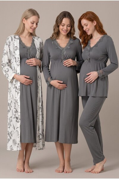 LOHOUSE Women's Gray Patterned Lace Long Sleeve Dressing Gown Maternity Night...