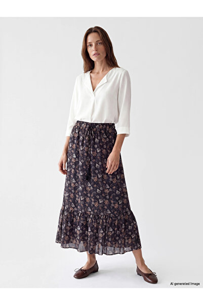 LC Waikiki Lcw Grace Navy Blue Floral Skirt with Elastic Waist