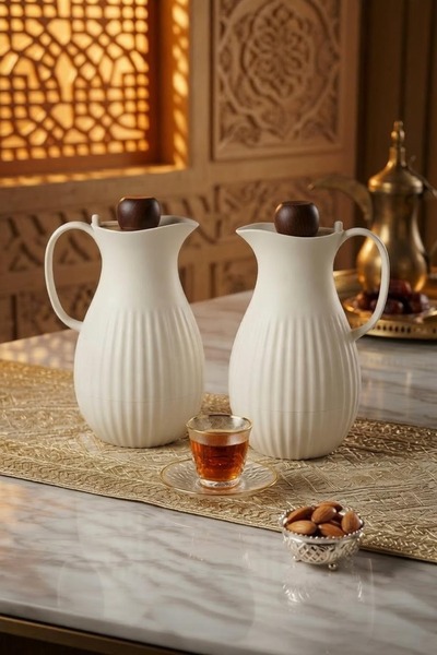 ZALA Luxury Arabic Coffee & Tea Server 1L+1L Ribbed Vacuum Flask with Push Bu...