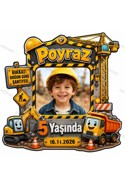 Minart 25 Adet Fotoğraflı Doğum Günü Magneti, İnşaat Vinçli Temalı Vinç İş Ma...