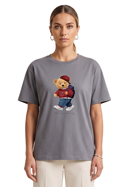 DK DAKSEL Women's Dark Gray Teddy Bear Printed T-Shirt Life Is a Journey Comf...