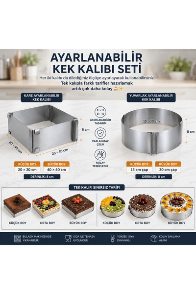 Lilasso Home Stainless Steel Adjustable Square and Round Cake-Pie Pan