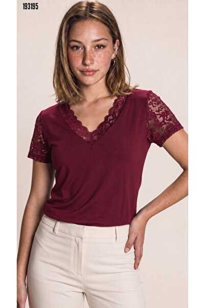 moda wanilia New Season Women's Short Sleeve V-Neck Lace Viscose Blouse