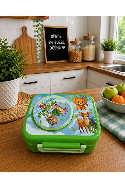 A&A Çocuk Beslenme Kutusu– 3 Bölmeli Lunch Box, Orman Hayvanları Desenli Yeşil