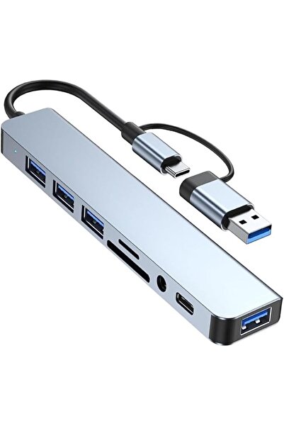 GENERAL محول USB متعدد الوظائف 8 في 1، USB-C، قارئ بطاقات SD/TF، مدخل صوت 3.5...