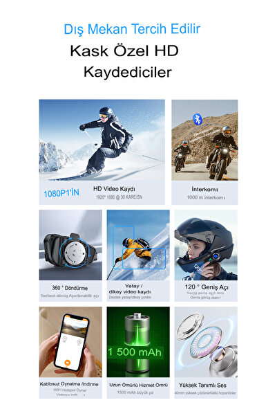 RAYLAX 1080P Kameralı Bluetooth Motosiklet Kask Kulaklığı WiFi DVR Interkom Gürültü Engelleyici Mikrofonlu Kask İçi Kulaklık
