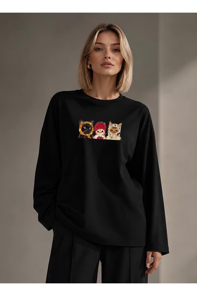 Grafftee Clothing Suerte Cats Design Printed Oversize Wide Cut Long Sleeve 10...