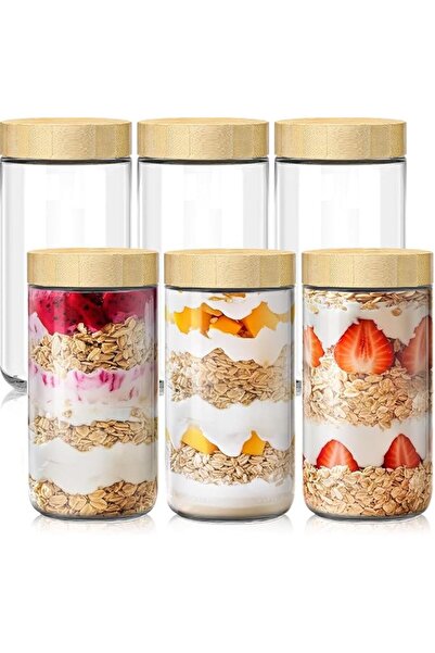 GENERAL 6 Pack Overnight Oats Containers with Bamboo Lids, Glass Jars with Ai...