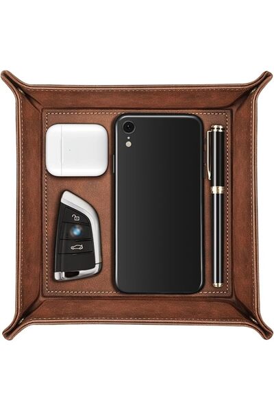 KASTWAVE Valet Tray Desktop Storage Organizer, Premium PU Leather Catchall Be...