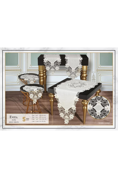 Ceki Home Set de sufragerie din dantelă de in, 5 piese, crem-crem, model Evit...