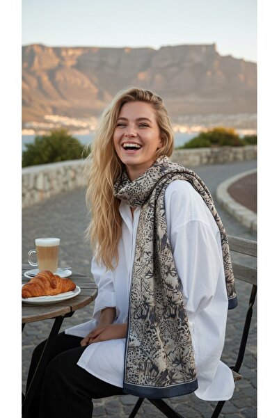 ABOUT US Ecru Black Butterfly Patterned Women's Shawl Elegant Butterfly Patte...