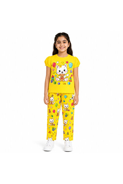 Generic Girls Pink Cartoon Cat Print Pajama Set, T-Shirt and Trousers