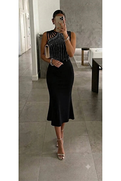 Generic Brand Women's sleeveless off-the-shoulder midi dress with stone embel...