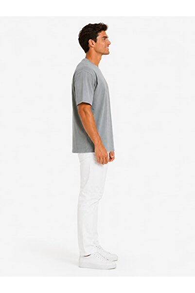 Vasto Moda Erkek Tam Oversize Kalıp Kalın Dokulu %100 Organik Pamuk Bisiklet Ribana Yakalı Gri T-Shirt
