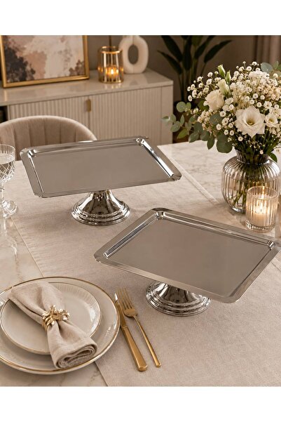 PARLADECOR PASLANMAZ ÇELİK 2 Lİ KARE AYAKLI SUNUM TABAĞI, MEYVE TABAĞI, PASTA...