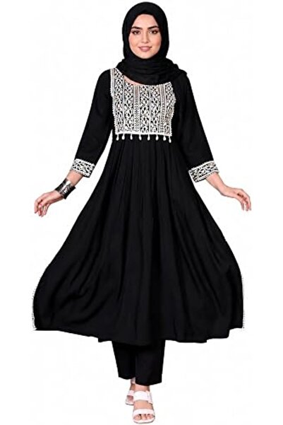 GENERAL Women's Black Embroidered Kurti, Modest Long Flared Tunic Top, Pakist...