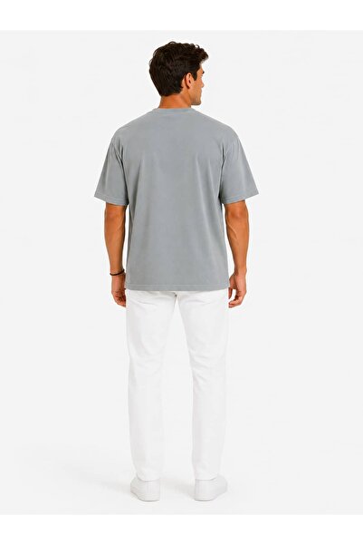 Vasto Moda Erkek Tam Oversize Kalıp Kalın Dokulu %100 Organik Pamuk Bisiklet Ribana Yakalı Gri T-Shirt