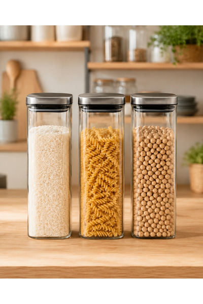 Karçiçeği Home 3'lü 1150 ml Kare Borosilikat Cam Kavanoz Seti – Vakumlu Çelik...