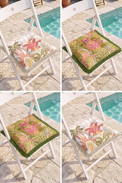 Realhomes Tropical Leaf and Flamingo Patterned 4-Piece Fringed Puffy Chair Cu...