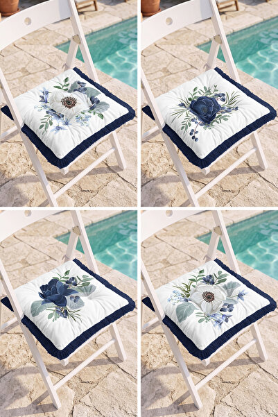Realhomes Navy Blue and White Floral Leaf and Blueberry Patterned 4-Piece Fri...