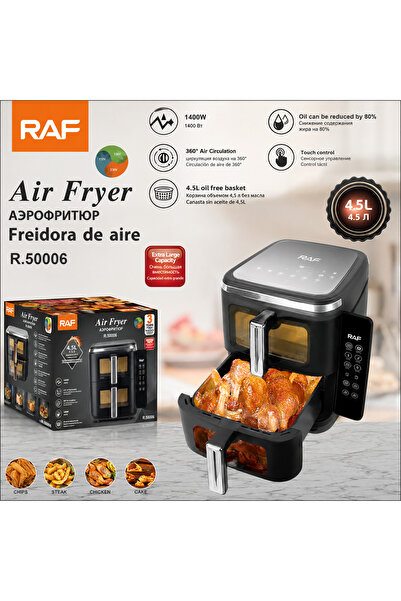 raf R.50006 11L Dual Basket Air Fryer, Oil-Free Electric Cooker, Black / Silver