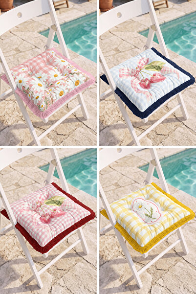 Realhomes 4-Piece Fringed Pofidic Chair Cushion Set with Gingham Background, ...