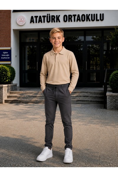 Nacar Yeni Sezon Unisex Çocuk Uzun Kollu Lakost Polo Yaka Tişört ve Ribana Be...